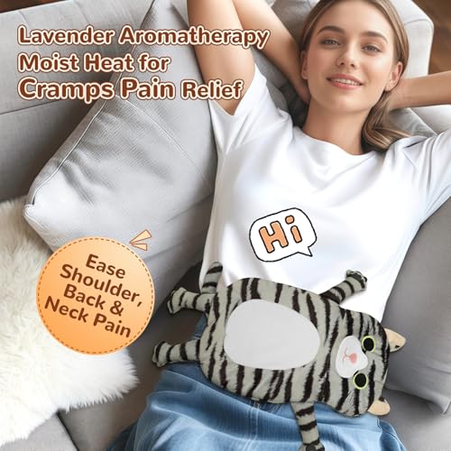 Image of Microwave Heating Pad for Pain Relief, 17 inch x 9 inch Microwavable Heating Pads for Cramps, Back Pain, Neck Shoulder, Muscles, Knee, Joints, Natural Heat Pack Moist Heat, Gray Tabby Cat