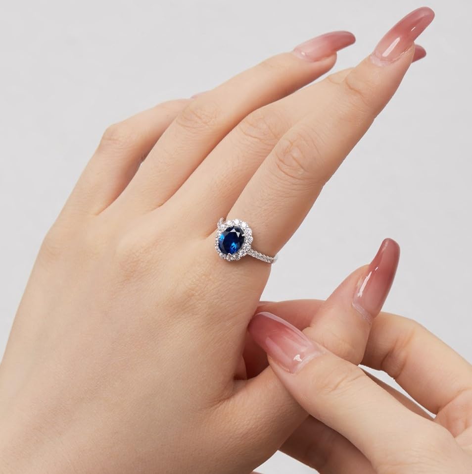 Ambica New York Solid Sterling Silver Ring, Princess Diana Ring, Kate Middleton Ring, Simulated Sapphire Ring, Royal Wedding Ring, Halo Engagement Ring2