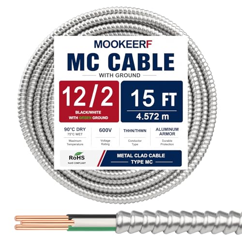 Image of MOOKEERF 12 /2 MC Cable with Ground - 15FT Pure Copper 12AWG /2 Metal Clad Wire with Aluminum Armor 12 Gauge 2 Conductor Type MC Alum Cable