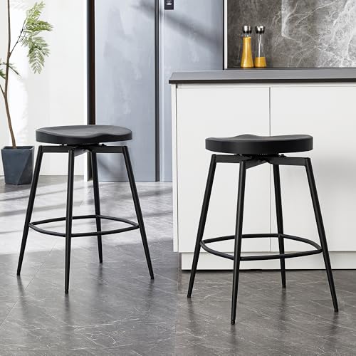 Image of 25'' Solid Wood Saddle Stools Set of 2, Swivel Counter Height Bar Stools Backless, Wooden Bar Stools with Metal Legs and Ergonomics Seat for Kitchen Island, Black