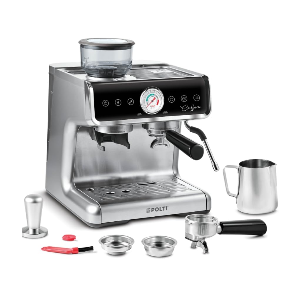 Polti Coffea G50S, ekspres do kawy z wbudowanym młynkiem do ziarna, do espresso i cappuccino, 30 poziomów mielenia, profesjonalny młynek do mleka parowego, srebrny