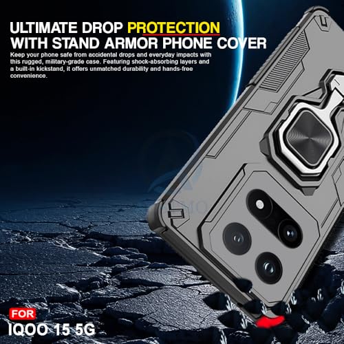 Image of AESTMO Armor Back Cover for iQOO 15 5G | Ring Holder & Kickstand & Camera Protection in-Built | 360 Degree Protection Back Case Cover (Black)