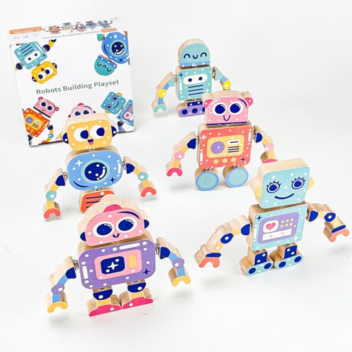 SZXDG Wooden Robot Building Toys for Kids, Snap-Together STEM Blocks Playset, Take Apart Educational Toy for Toddlers Ages 3-8, Montessori Fine Motor Skills Toy Gift for Boys Girls