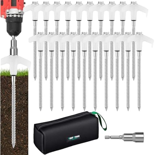 12 Pack 8" Heavy Duty Screw in Tent Stakes, Metal Camping Stakes, Drill-In Ground Anchor, Threaded Stakes for Canopies, Gardening, Yard Inflatables, with Hex Socket and Storage Bag (Luminous)