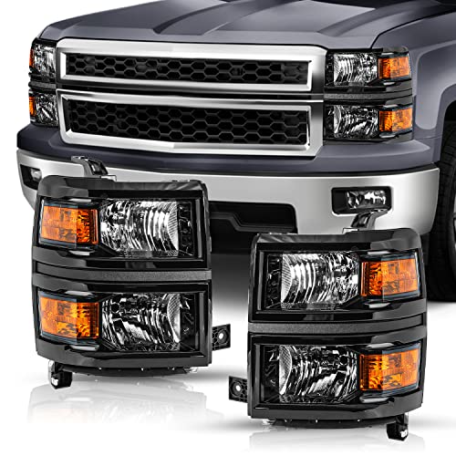 Image of TUSDAR Upgraded Lens Headlights Assembly Fit for 2014 2015 Chevy Silverado 1500 Pickup Truck OE Style Halogen Headlamps Replacement Black Housing Amber Reflector /Driver & Passenger Side