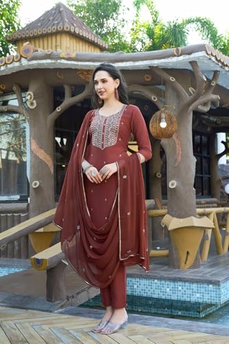 Image of GoSriKi Women's Cotton Blend Embroidered Kurta Set with Pant & Dupatta - Straight Calf‑Length, 3 /4 Sleeve, Round Neck - Elegant Ethnic Attire (5 Colors, S-5XL)