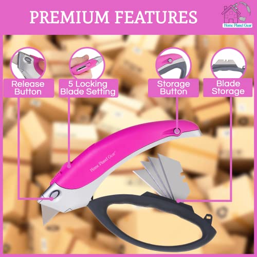 Pink Box Cutter Retractable Utility Knife - Heavy Duty Box Cutter Knife Cardboard Cutter - Box Opener Razor Blades Knife With 5 Sharp Utility Blades #TOP5