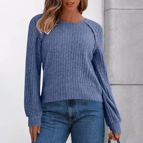 Ribbed Tops for Women Fashion Lace Hollow Out Long Sleeve Sweater Fall Knitted Solid Color Casual Crewneck Tunic 20252