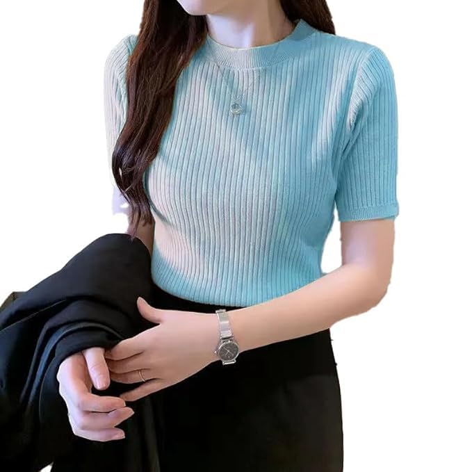 Image of Typical Fashion Women's Ribbed Knit Slim Fit Top - Short Sleeve, Round Neck, Stretchable Stylish T-Shirt for Casual & Formal Wear