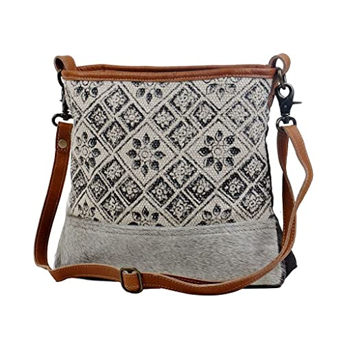 Myra Bag Tessellated Shoulder Bag Upcycled Cotton & Cowhide Leather S-28612