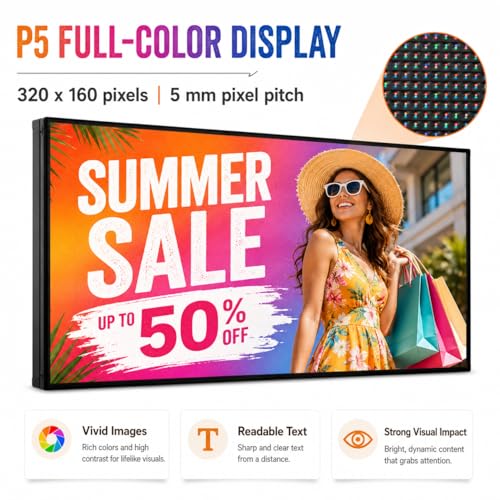 Image of CX P5 Outdoor LED Sign 65 inch x 34 inch, IP65 Waterproof Full-Color Programmable LED Display, 320 x 160 Pixel Digital Sign Board with WiFi & USB Control for Restaurants, Stores & Business Advertising