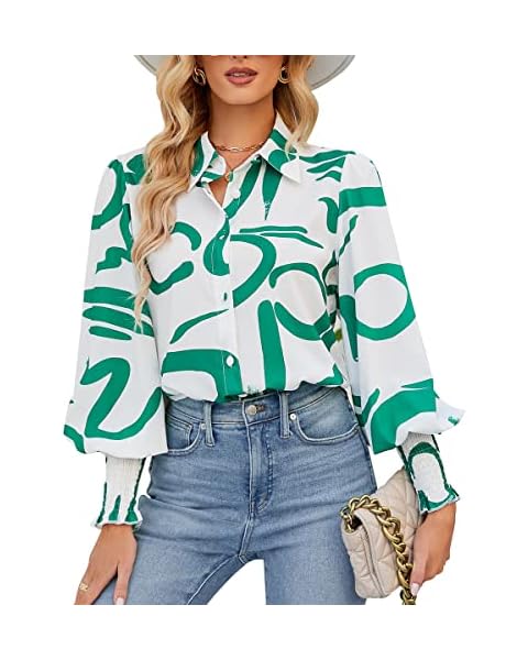 loomolic Women's Button Down Shirt Long Puff Sleeve Casual Tunic Tops V-Neck Print White Dressy Loose Fit Blouse