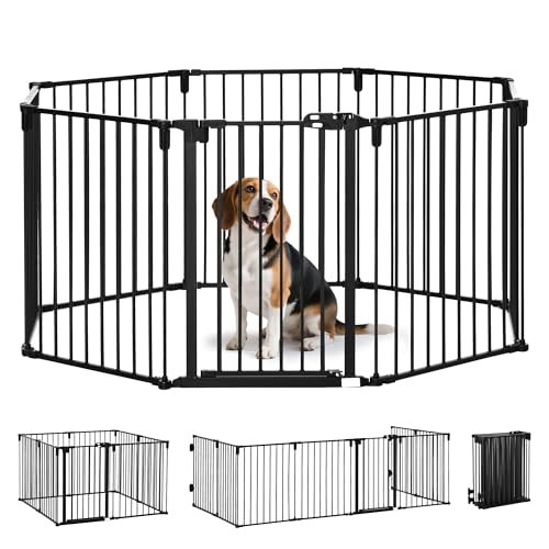PawHut Cancelletto di Sicurezza Pieghevole 8 Sezioni, Cancellino Barriera per Cani in Acciaio, Sistema di Blocco e Chiusura Automatica, Nero