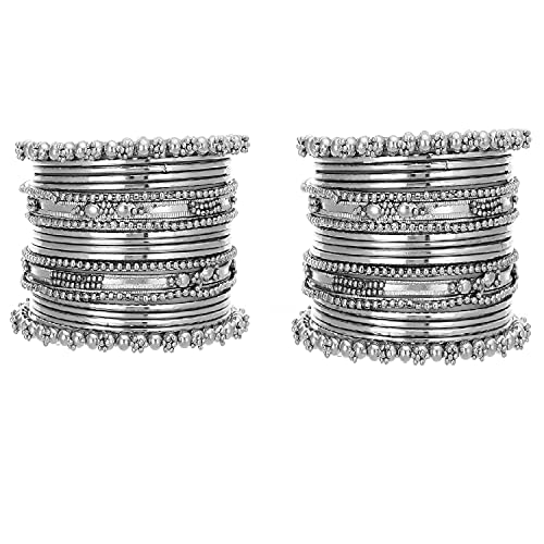 I Jewels Silver Oxidized Indian Wedding Bollywood Bangle Set For Women (ADB159S) (Pack of 2)