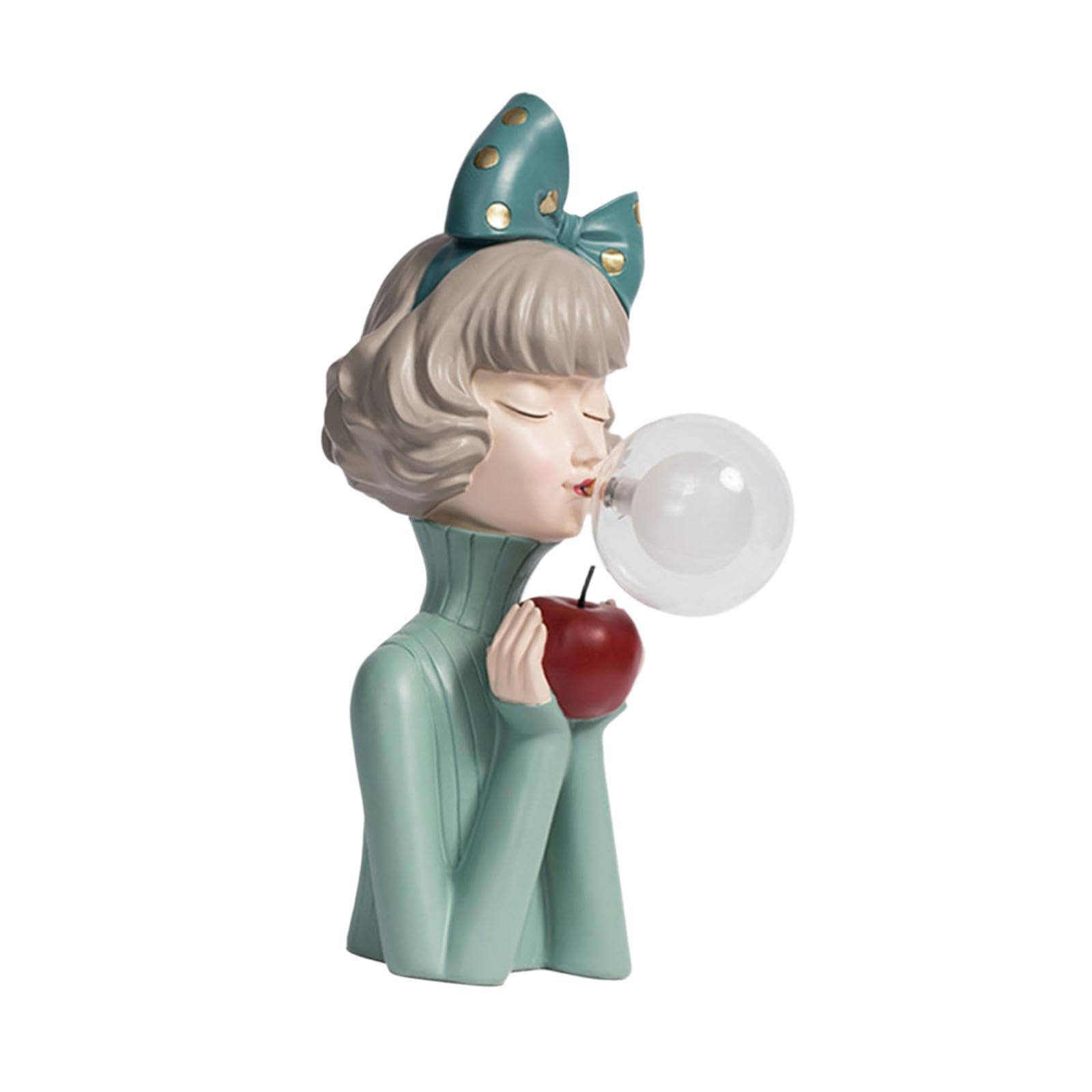 Elegante Lampada da Tavolo in Resina, Luce Notturna Creativa, graziosa Statuetta di Ragazza, Regalo di inaugurazione, Illuminazione per Compleanno, Fiocco Verde, 14x24x36.5 cm
