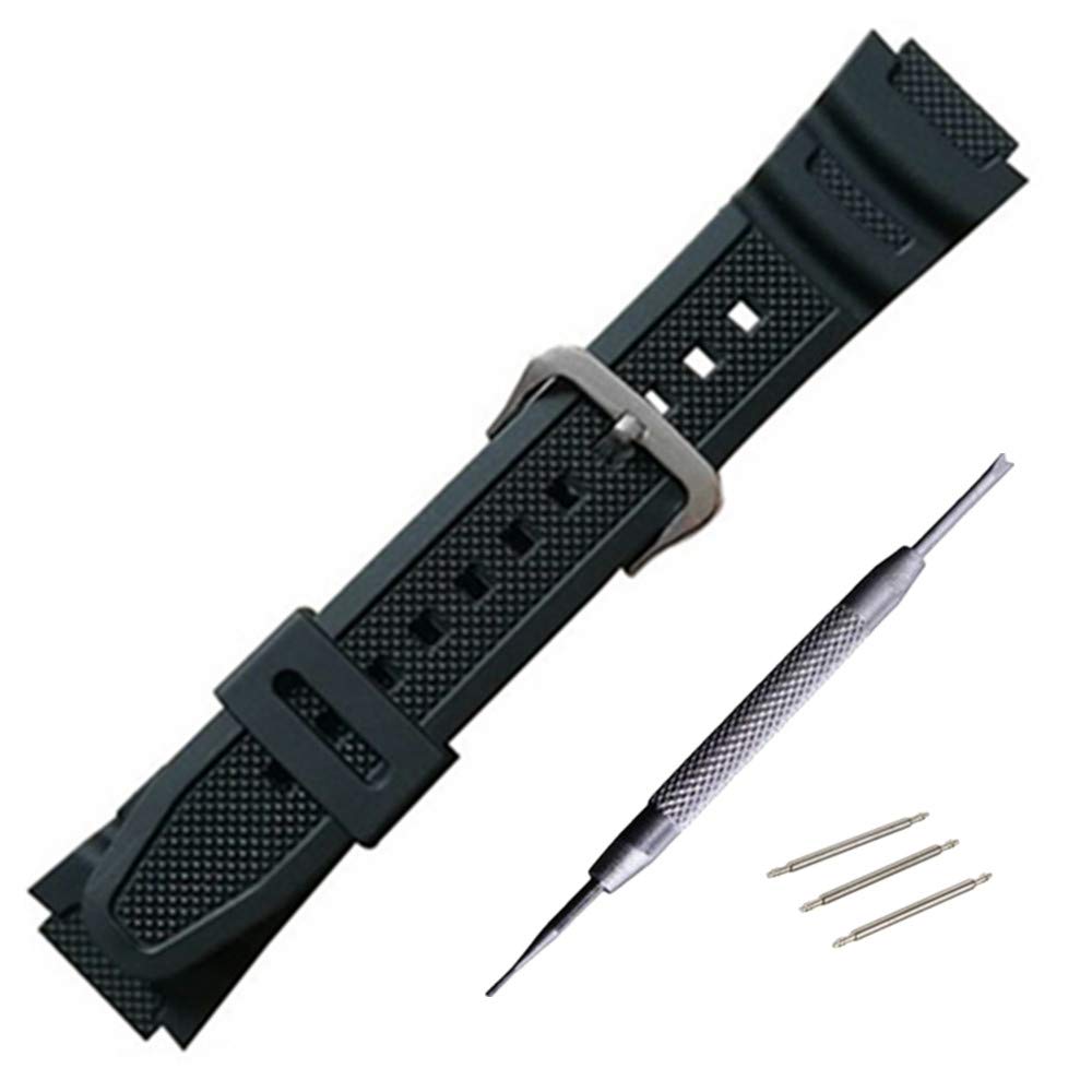 ラバー ウォッチ バンド PU ストラップ 腕時計ベルト コンパチブル For Casio AQ-S810W SGW-300H MRW-200H AE-1000W W-S200H W-735H AEQ-110W に適合する (ブラック(銀尾錠))