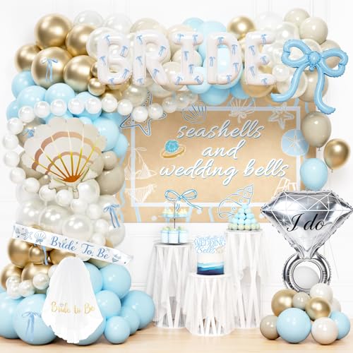 Costova Seashells and Wedding Bells Decor Sea Shell bachelorette Decorations Beach Bridal Coastal Ocean Party Supplies with Blue Balloons Bride To Be Sash Bridal White Veil Cake Topper Backdrop