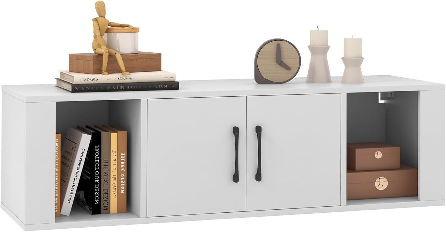 SIMOE Wall Mounted Media Storage Cabinet, Floating Hanging Desk Hutch with Doors and 2 Open Shelves, Floating Console Hutch for Bathroom, Kitchen, Living Room,White, 13" D x 42.5" W x 12" H