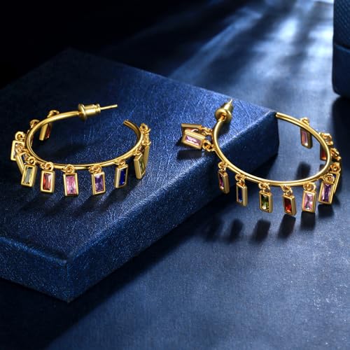 beautlace Colored Zircon Geometric Drip tassel Stud Earrings 18K Gold Plated Round Hoop with Colorful Zirconia Jewelry for Women3