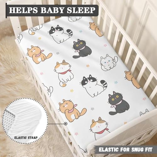 Image of Cat Flower Fitted Crib Sheet Cartoon Cats Baby Crib Sheet Fit Standard Crib and Toddler Mattress,Crib Mattress Sheets for Boys Girls 28 inchx52 inch
