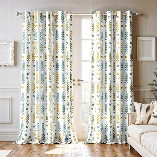 Image of Ultimate Trends Room Darkening Digital Printed Floral Geomatrical Prints Curtain 65-70% Opacity,Diamond Eyelets, Tie Back, Floral Geomatrical, 6 FEET Pack of 2,White with Teal