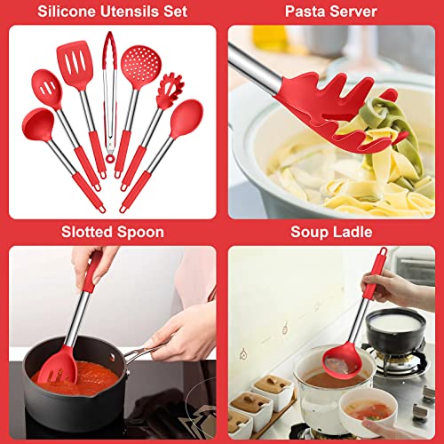 E-far Silicone Cooking Utensils Set, 7 Pcs Heat Resistant Kitchen Utensils with Stainless Steel Handle, Slotted Turner, Spoon, Soup Ladle, Pasta Server, Skimmer, Tongs for Nonstick Cookware, Red