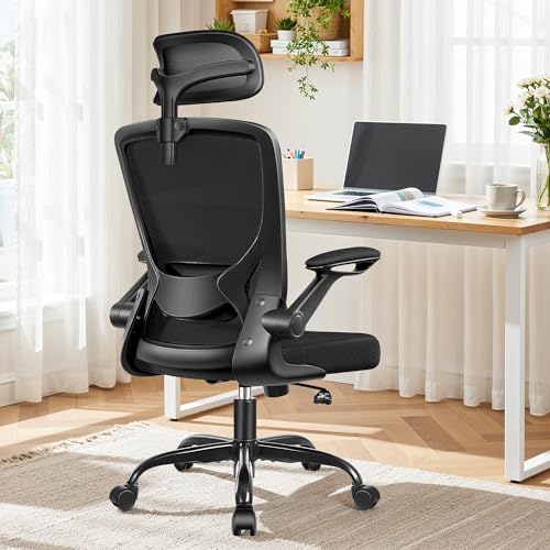 Image of Ergonomic Office Chair, High Back Desk Chair with Adjustable Lumbar Support | Breathable Mesh Office Chair for Prolonged Sitting, Computer Chairs Comfy for Long Workdays, Flip Up Arms, Home, Black