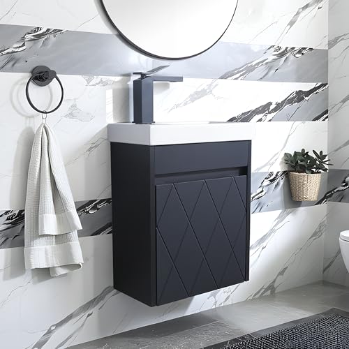 ENGELCH Floating Narrow Bathroom Cabinet Set with Basin Sink, 16" Black Small Bathroom Vanity Sink Combo for Small Space, Wall Mounted Modern Vanity Featuring Single Door