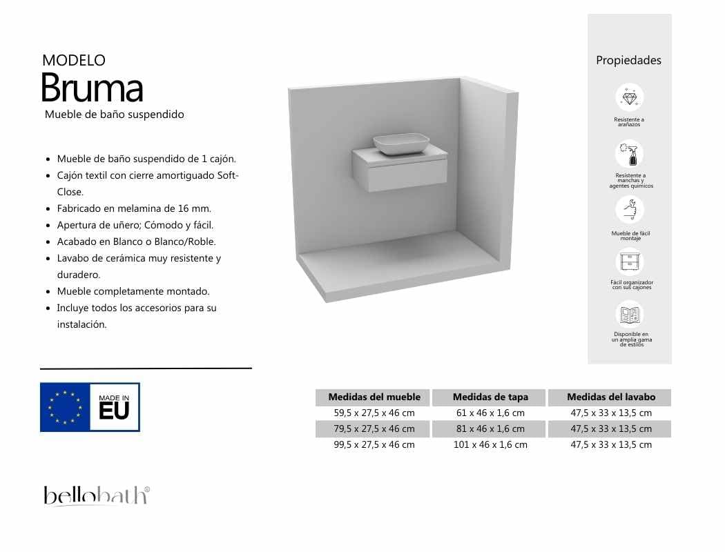 BELLOBATH - Mueble Baño Suspendido con Lavabo de Cerámica, Mueble Baño con Lavabo Montado con 1 Cajón, 60 x 27 x 46 cm, Mueble Blanco y Tapa Roble