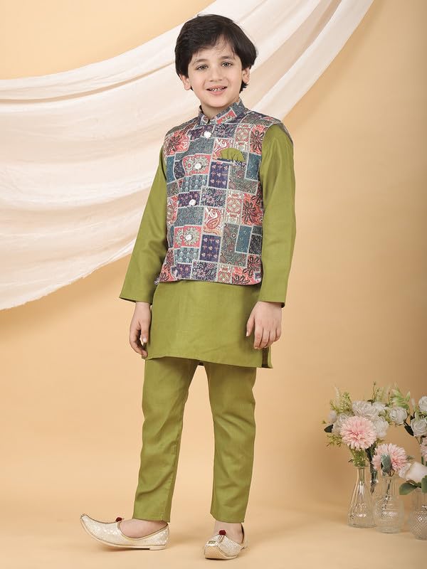 Image of superminis Boys Cotton Printed Full Sleeves Kurta Pyjama with Jacket Ethnic Wear Set