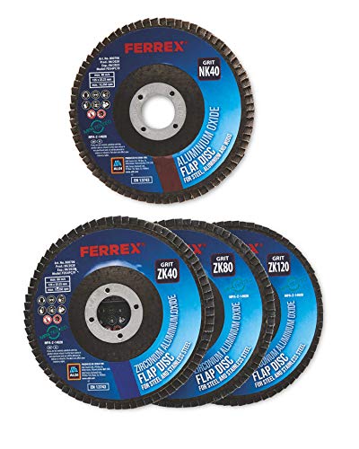 Ferrex 4 discos de solapa 12,5 x 2,2 cm 40, 80, 120 granos. Óxido de aluminio, óxido de circonio, fusión de resina, reforzado con fibra de vidrio Cover