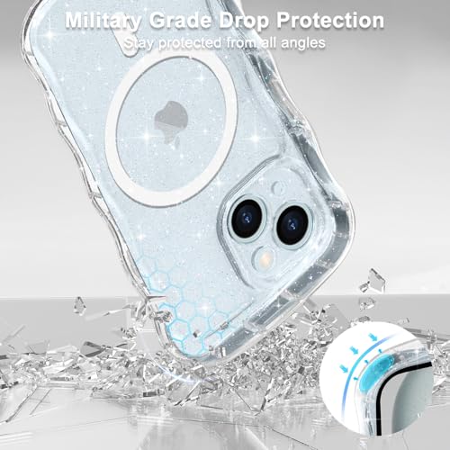 Pepmune iPhone 15 用 ケース キラキラ ラメ カバー 韓国 かわいい 可愛い ウェーブ 半透明 MagSafe対応 ワイヤレス充電対応 耐衝撃 人気 シンプル 滑り止め マグネット搭載 ストラップホール付き スマホケース (クリア)