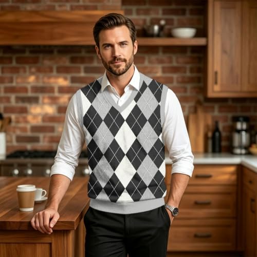 Christmas Sweater Vest Men V Neck Plaid Knit Lightweight Pullover Sweater - image 6
