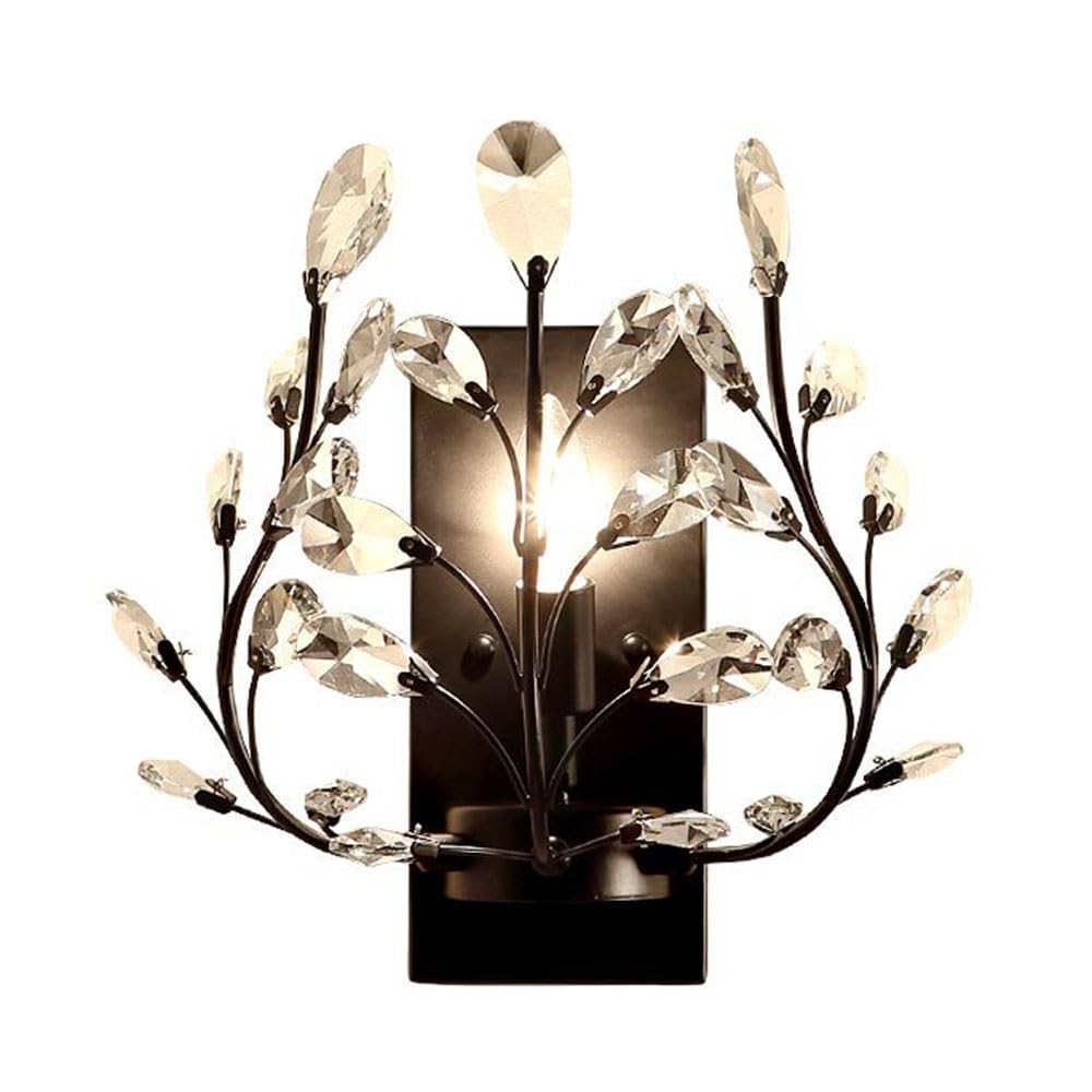 FEITENGDA Nordic Black Crystal Wall Sconce Artistic Branch and Leaf Wall Lamp Vintage Candle Shaped Wall Mount Light Decorative Lighting Fixture for Bedroom Living Room Hallway