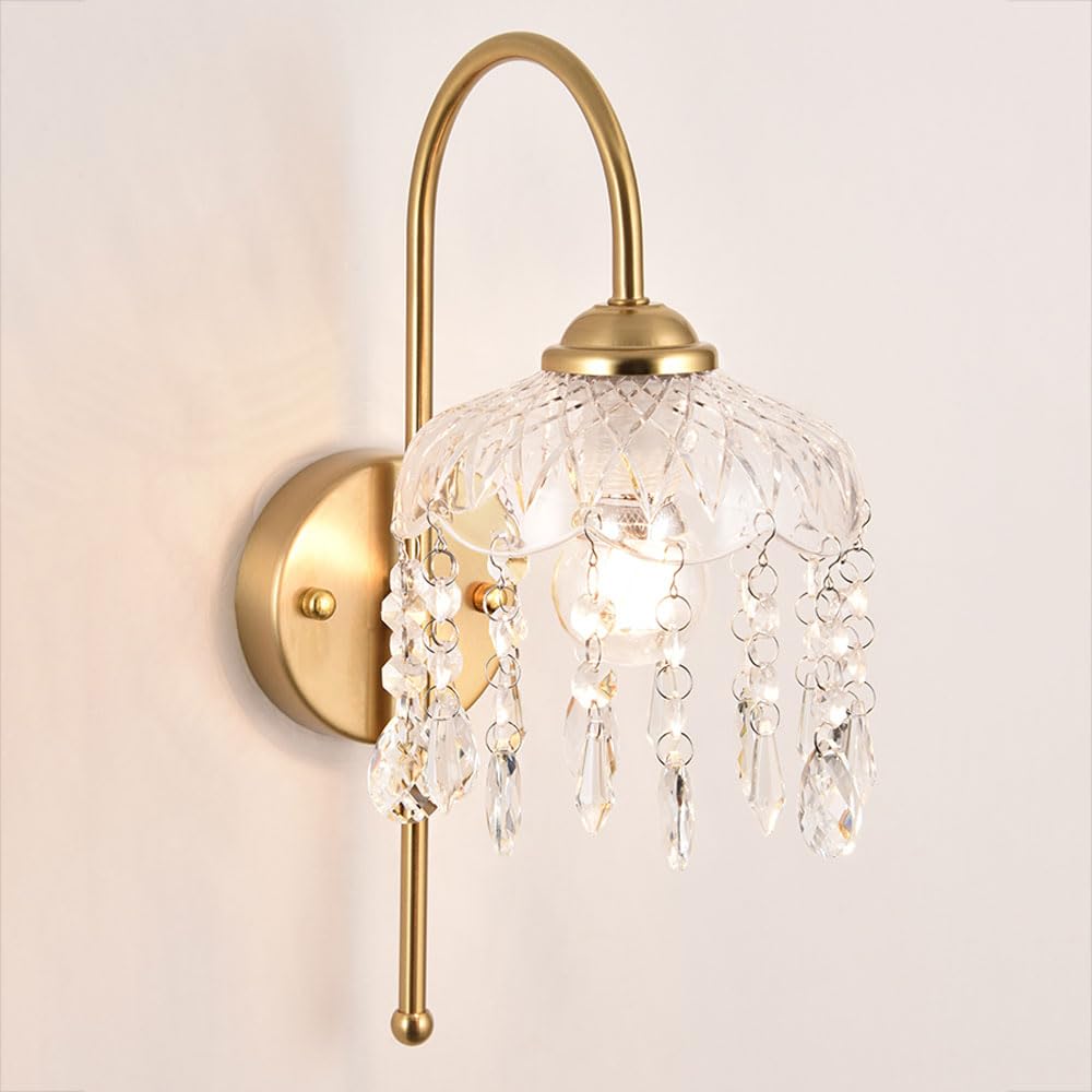 KBUUKYYXouy Vintage Crystal Wall Sconce Modern Gold Bathroom Wall Light Fixtures Clear Ribbed Glass Gooseneck Farmhouse Wall Mount Antique Wall Lamp for Bedroom Living Room Hallway Staircase(26cm)