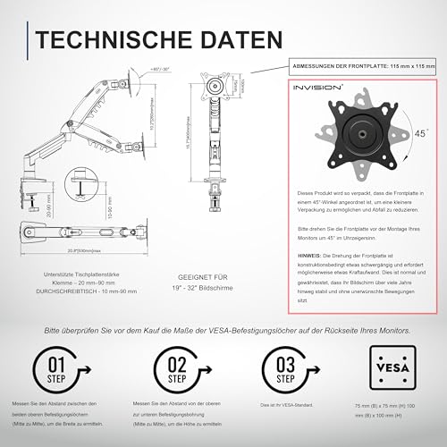 Invision Monitor Halterung für 19-32 Zoll Bildschirme - VESA 75 & 100 mm - Schreibtischklemme Ständer - Höhenverstellbar Neigungen… – Ansicht 5