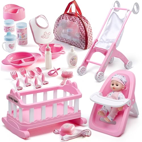 Prextex 23-Piece Baby Doll Accessories Set for Girls – Pretend Play Nursery Toy with Doll Stroller, Mini Crib, High Chair, Baby Doll, Feeding & Care Accessories, Pink Gift Set for Toddlers, Kids,