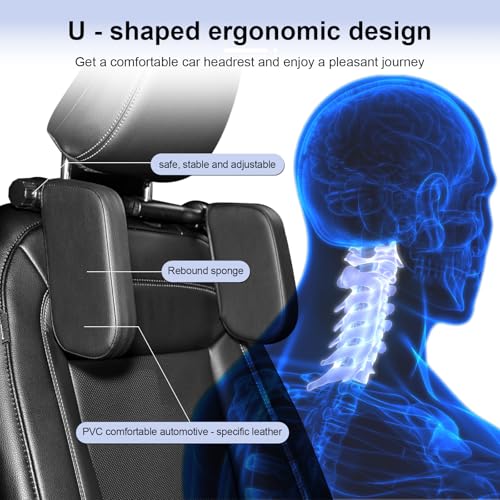 Image of Tallew 360 Adjustable Car Headrest Pillow, Memory Foam Head Neck Support Pillow U Shaped Design Travel Sleeping Car Headrest for Vehicle Seat with Poles for Kids and Adults