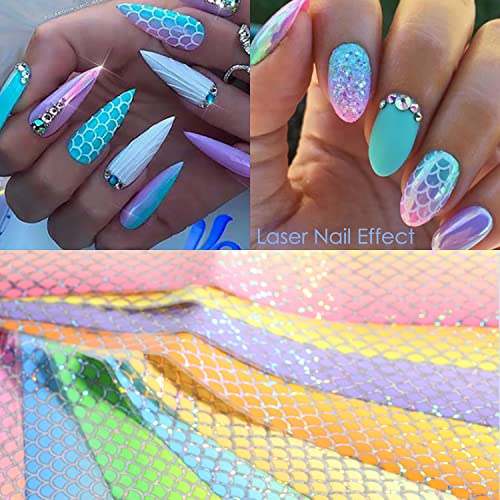 Holographic Nail Foil Transfer Stickers Decals, Fish Scales Nail Polish Sheets, Laser Line Mermaid Nail Art Designs Acrylic Nails Supplies For Nail Transfer Glue Polish, Bright Nail Film Decorations #TOP5