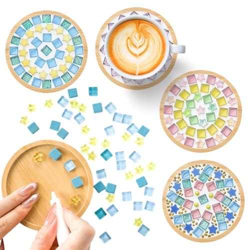 YYTECH 4 Stück Mosaik Untersetzer Bastelset, Mosaik Bastelset Erwachsene, Bambus Untersetzer, Basteln & Diy Dekorative Tablett Weihnachten Geschenk Geburtstagsgeschenk, für Bastelarbeiten