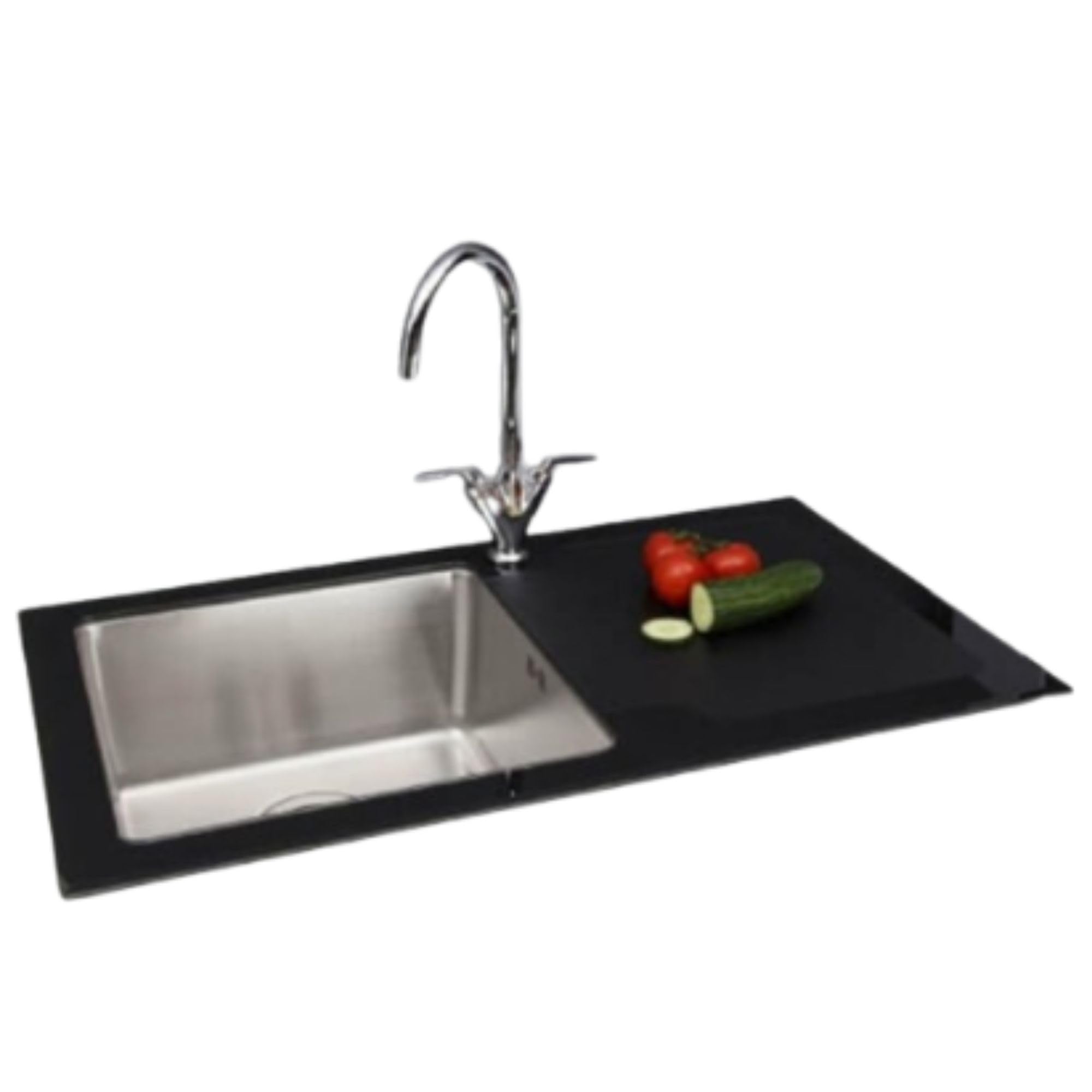 ARA CHOICE Black Reflection Kitchen Undermount Sink Glass Compact Catering Single One Square Bowl Modern Reversible with Drainer & Inset Plumbing Wastes Set (Right Hand Drainer)