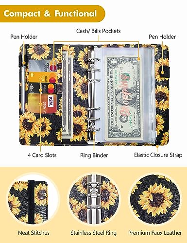 Image of A6 Budget Binder for Money Saving, PU Leather Budget Planner with 8 Cash Envelopes, Budget Sheets & Rose Gold Category Stickers, Money Organizer for Cash (Black Sunflower)