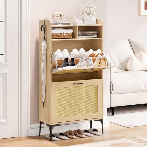 Dripex Schuhschrank schmal, Schuhkipper mit Rattan-Dekor, 2...
