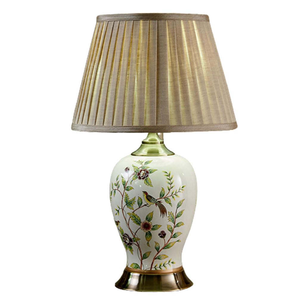 SGKOMN 22.8”American Flower And Bird Ceramic Table Lamp, Hand-Painted Chinoiserie Lamp, Fabric Lampshade Nightstand Lamp For Bedroom Living Room Office College Bookcase-G