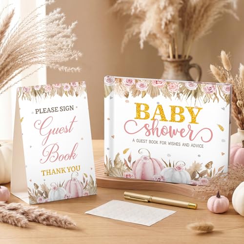 Image of Fuyoooo 27 Pcs Boho Little Pumpkin Baby Shower Guest Book Set Baby Shower Sign in Guest Pink Pumpkin Book Place Table Cards with Gold Pen Adhesive Photo Corner for Birthday Party