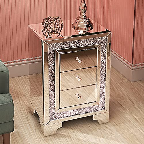 Randefurn Mirrored Nightstand With 3 Drawers, Nightstands With Crystal Handles, Bedside Tables For Living Room, Bedroom, End Table With Mirrored Finish. 16.5X12X23.8 Inces. #TOP8