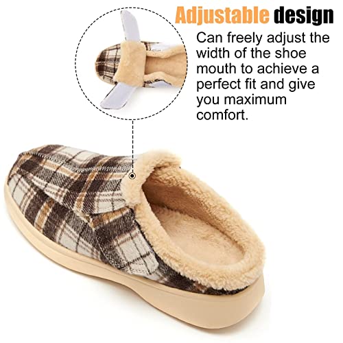 Mens Slippers With Arch Support,Orthopedic Slippers Fleece Lining,Adjustable Plantar Fasciitis Orthotic Diabetic Foot Pain Relief House Shoes,Non Slip Christmas Clog Indoor Outdoor,Plaid Brown,Size 13 #TOP3