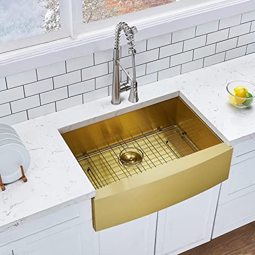 Hotis Gold Farmhouse Sink, 30 Inch Gold Kitchen Sink, Flat Apron-Front Undermount Drop In Farm Sink, Stainless Steel Single Bowl Handmade Farmhouse Kitchen Sink, Workstation Sink With Accessories #TOP2