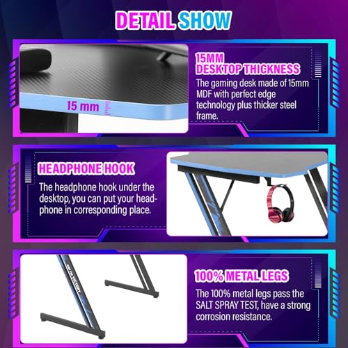Image of 47 Inch Modern Gaming Desk for Home Office, Z Shaped Computer Desk for Teen, Large PC Gaming Table Adjustable Feet with Headphone Hook & PVC Surface