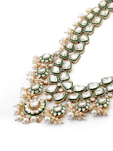 ZAVERI PEARLS Green Meenakari Kundan Bridal Long Dazzling Necklace Earring Maangtikka Set For Women-ZPFK17761 - Image 4